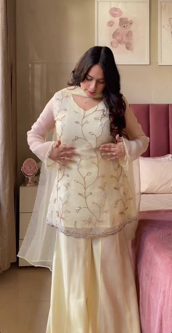 Elegant Ivory Floral Embroidered Sharara Suit Set