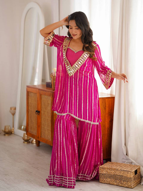 Hot Pink Striped Sharara Suit Set with Embroidered Mirror Kurta