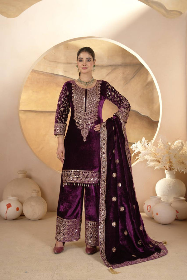 Purple Velvet Anarkali Suit Set with Dupatta