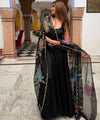 Classic Black Flared Anarkali with Brush Printed Tabby silk Dupatta