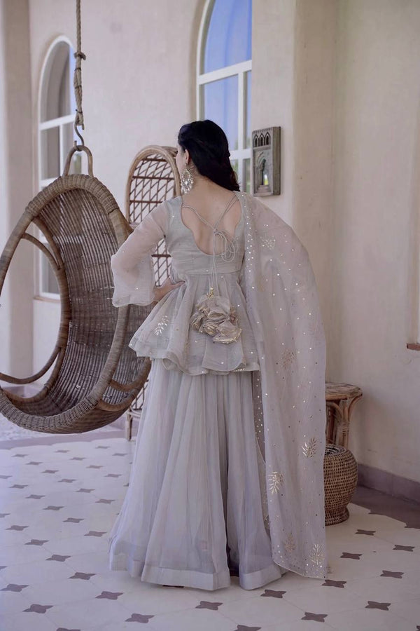 Pearl Grey Designer Sharara Suit Set with Dupatta
