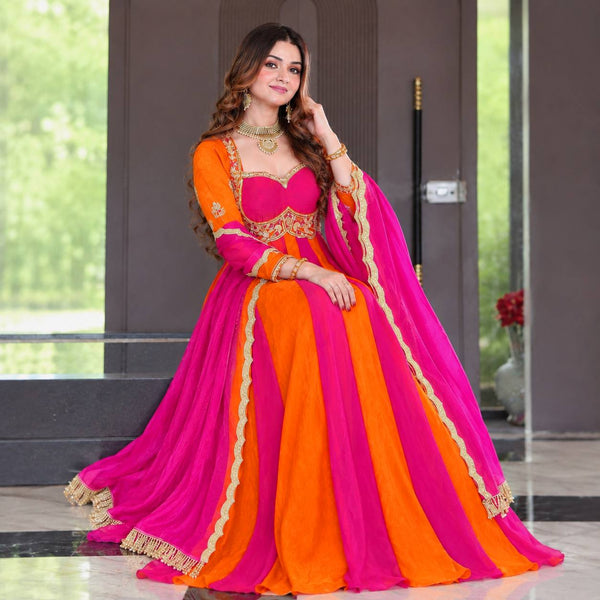 Royal Orange & Pink Embroidered Anarkali Gown with Dupatta