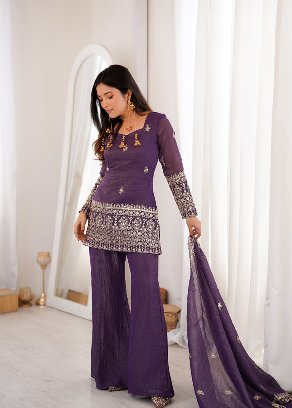 Royal Purple Embroidered Sharara Suit Set with Dupatta