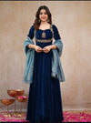 Navy Blue Velvet Embroidered Flared Anarkali Gown