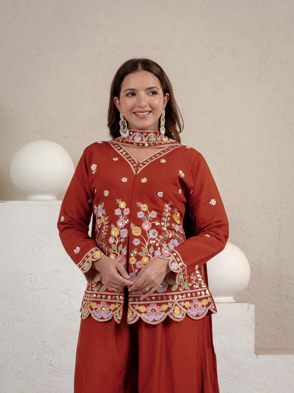Riya Classic Rust Embroidered Ethnic Palazzo Suit Set
