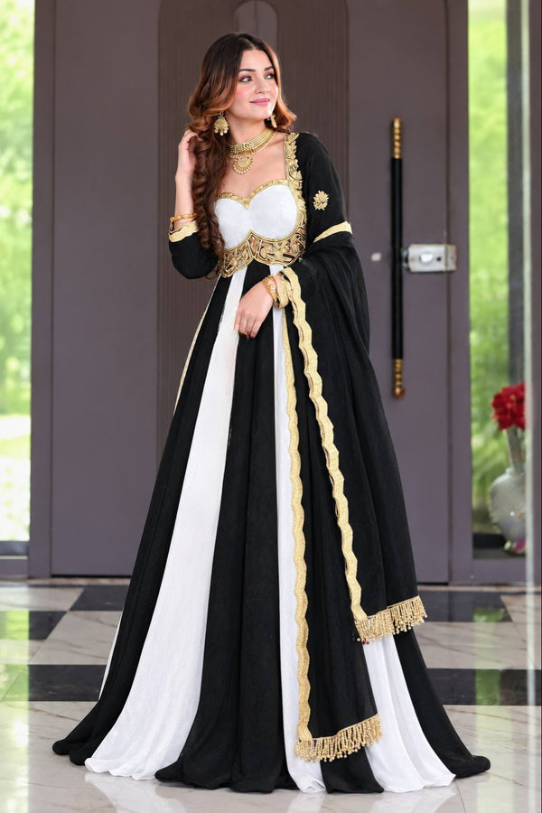 Royal Black & White Embroidered Anarkali Gown with Dupatta