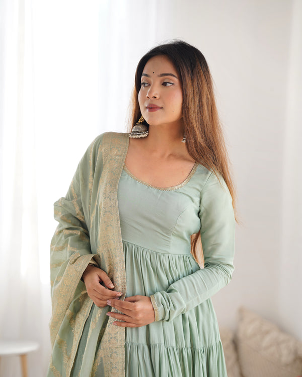 Burgundy Pista Pure Soft Roman Silk Kalamkari Anarkali Gown