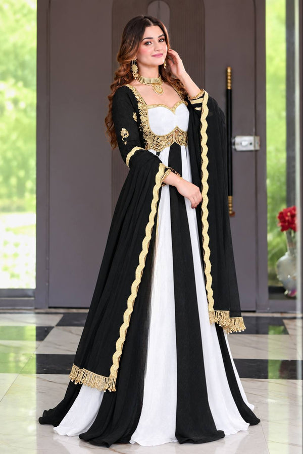 Royal Black & White Embroidered Anarkali Gown with Dupatta