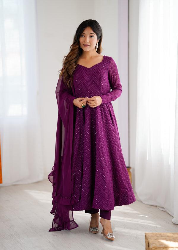Wine Embroidery Heavy Fox Georgette Anarkali Gown