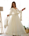 Divine Off White Colored Heavy Roman Silk Chanderi Anarkali Gown