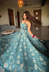 Aqua Blue Floral Sequins Anarkali Suit Set with Dupatta