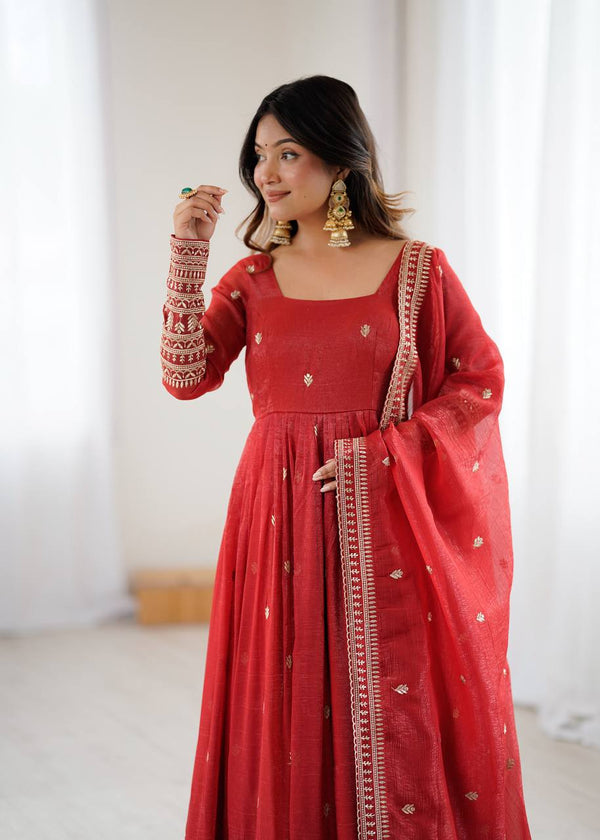 Trending Red Pure Crunchy Silk Anarkali Gown