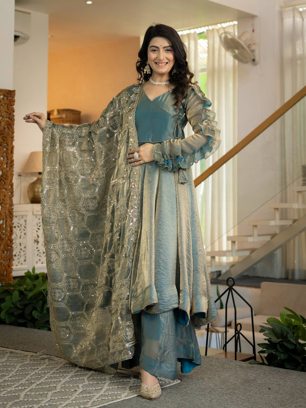 Elegant Ice Blue Embroidered Anarkali Suit Set with Dupatta