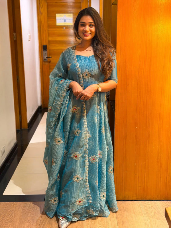 Radhika Elegant Teal Blue Embroidered Flared Anarkali Suit Set with Dupatta