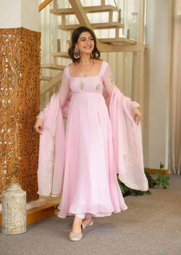 Nisha Baby Pink Embroidered Anarkali Suit Set with Dupatta