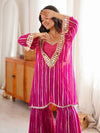 Hot Pink Striped Sharara Suit Set with Embroidered Mirror Kurta