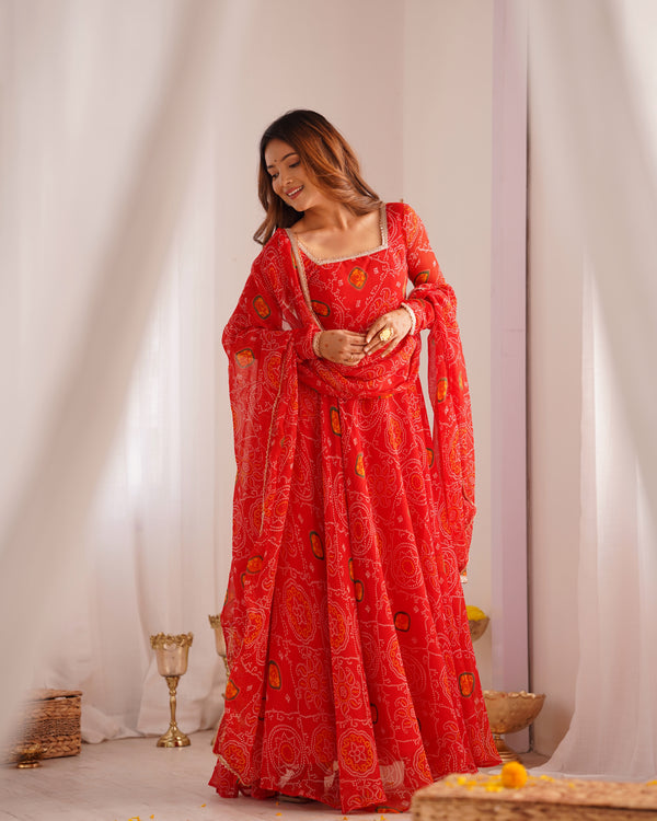 Bandhej Red Soft Chiffon Forest Designer Anarkali Gown