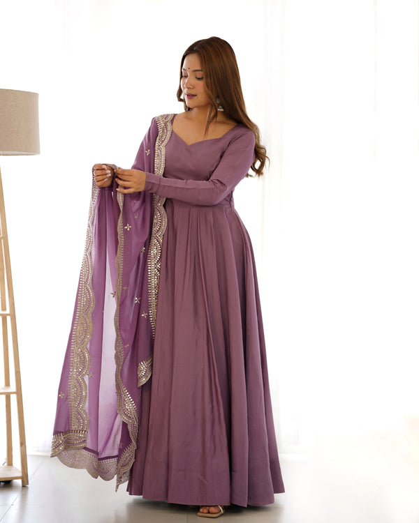 Divine Wine Colored Heavy Roman Silk Chanderi Anarkali Gown