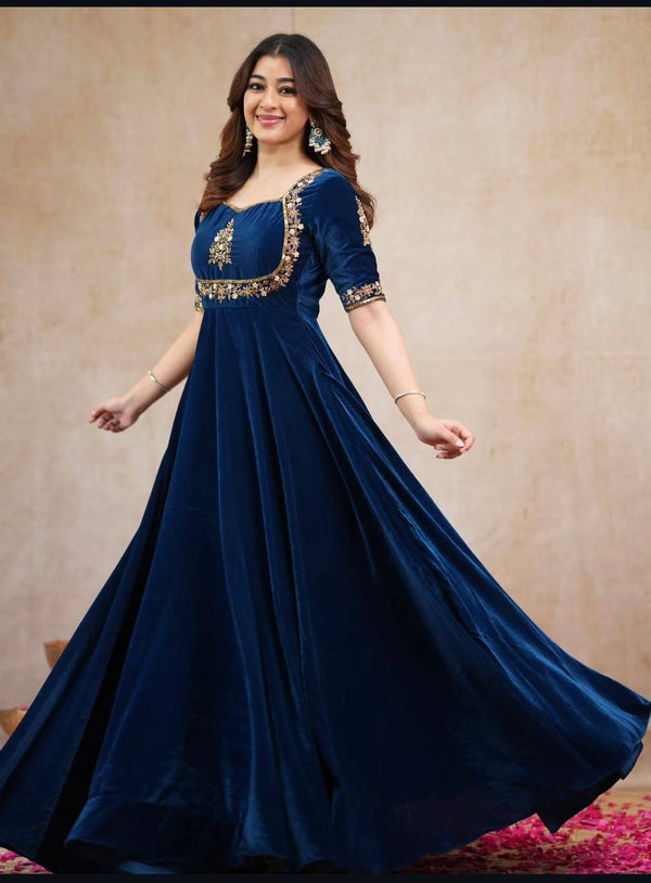Navy Blue Velvet Embroidered Flared Anarkali Gown