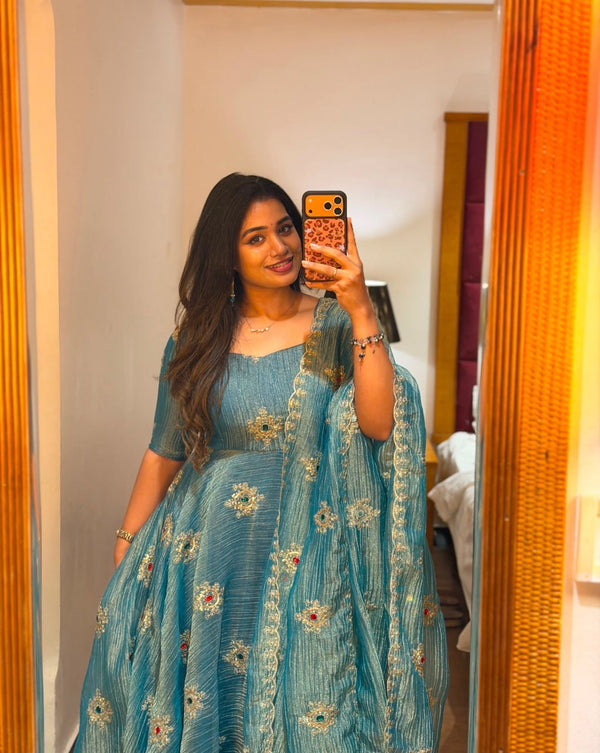 Radhika Elegant Teal Blue Embroidered Flared Anarkali Suit Set with Dupatta