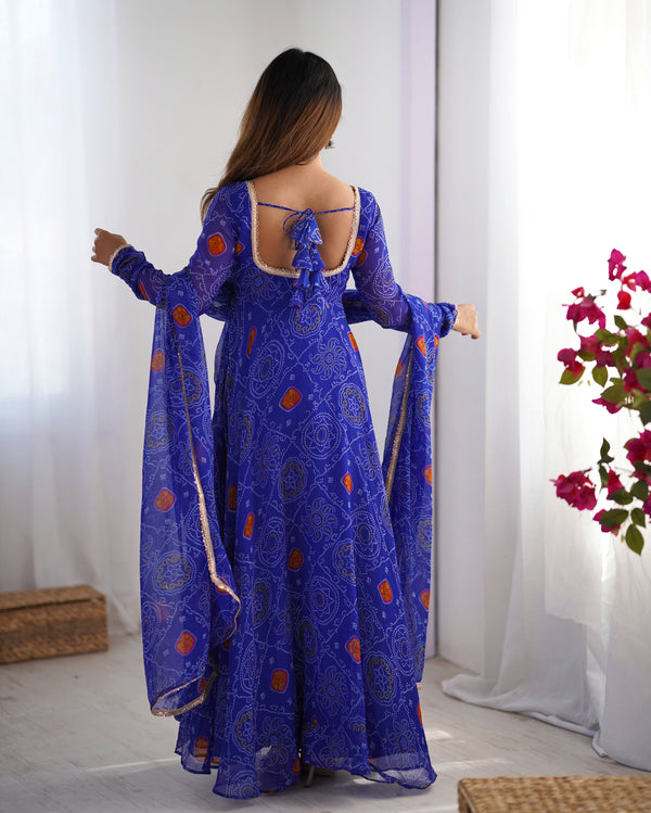 Bandhej Blue Soft Chiffon Forest Designer Anarkali Gown