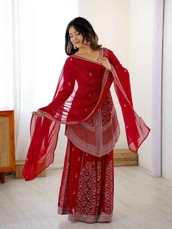 Red Fancy Faux Georgette Embroidered Suit Set