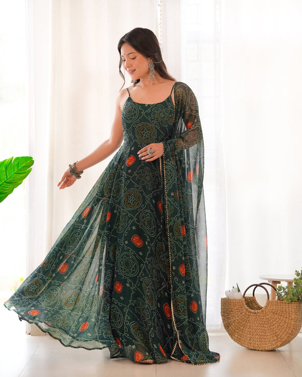 Lizza Green Bandhani Floral Pure Chiffon Anarkali Gown