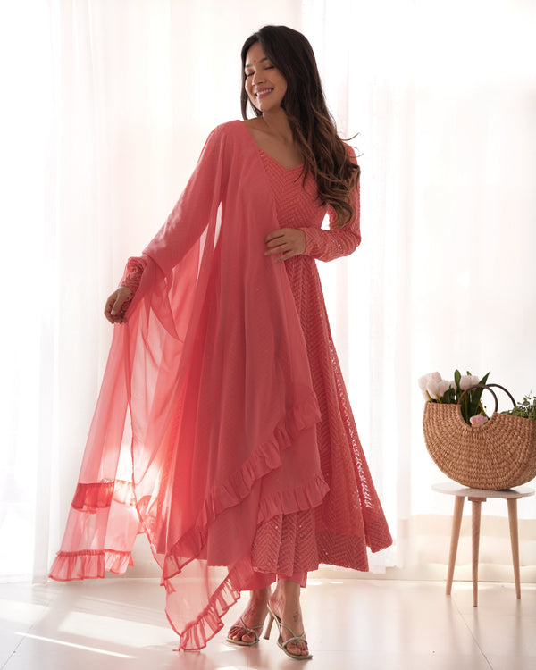 Peach Embroidery Heavy Fox Georgette Anarkali Gown