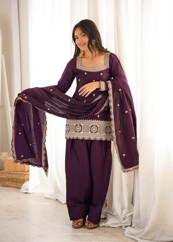 Women's Purple Embroidered Punjabi Suit Set with Dupatta
