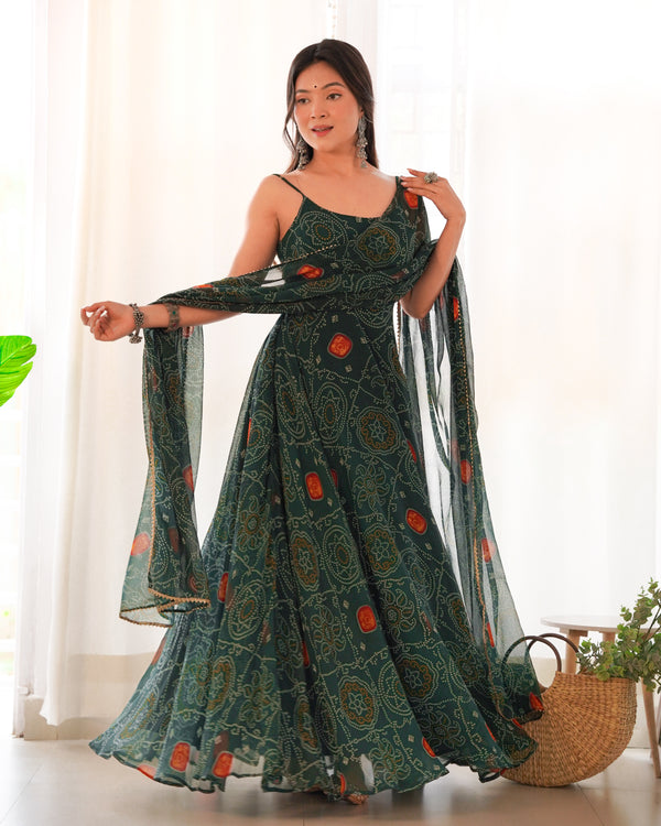 Lizza Green Bandhani Floral Pure Chiffon Anarkali Gown
