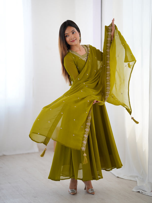 Suri Mahendi Green Embroidery Pure Georgette Anarkali Gown