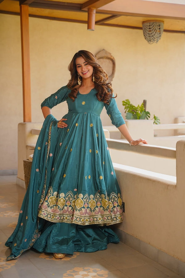 Meera Teal Green Embroidered Anarkali Suit Set with Dupatta
