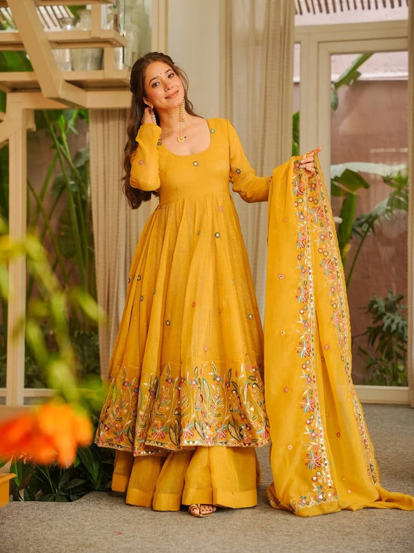 Nilam yellow Embroidered Anarkali Suit Set