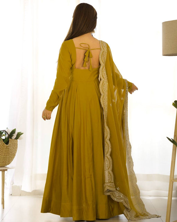 Divine Mustured Colored Heavy Roman Silk Chanderi Anarkali Gown