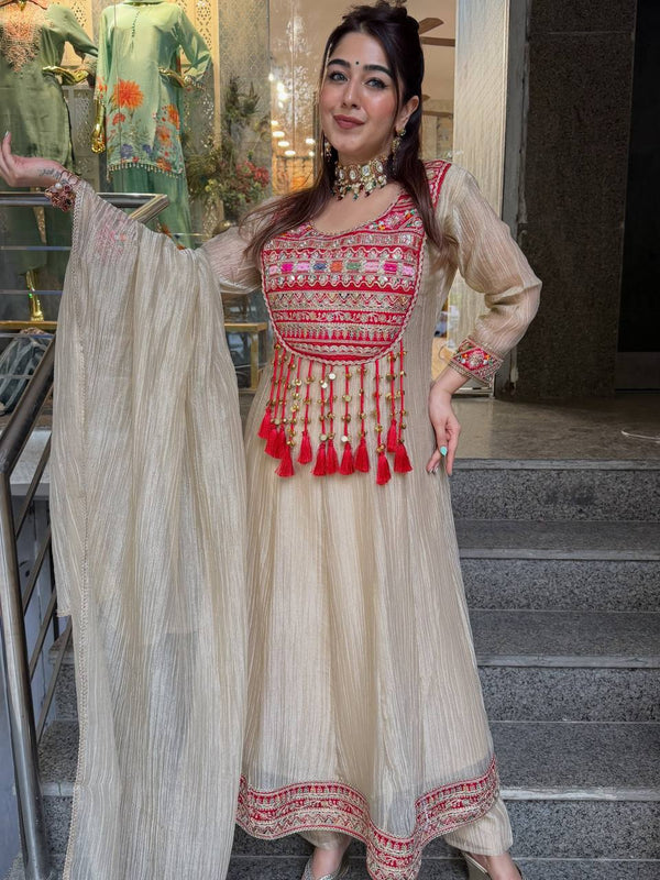Sage Cream Hand Work Anarkali Suit Set with Dupatta