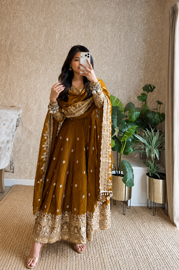 Diya Gold Embroidered Anarkali Suit Set with Dupatta